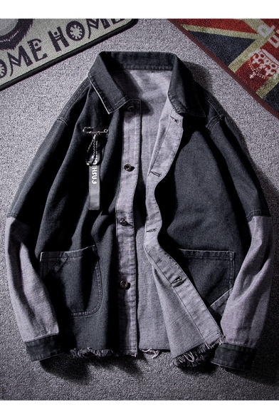 Mens Unique Fake Two-Piece Patchwork Long Sleeve Fringed Hem Loose Denim Jacket