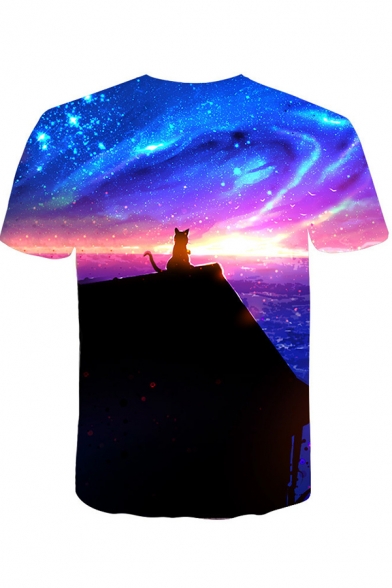 New Fancy 3D Galaxy Cat Printed Round Neck Short Sleeve Cotton Tee