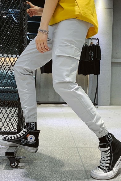 New Fashion Colorblocked Flap Pocket Elastic Cuff Slim Fit Cotton Cargo Pants for Men