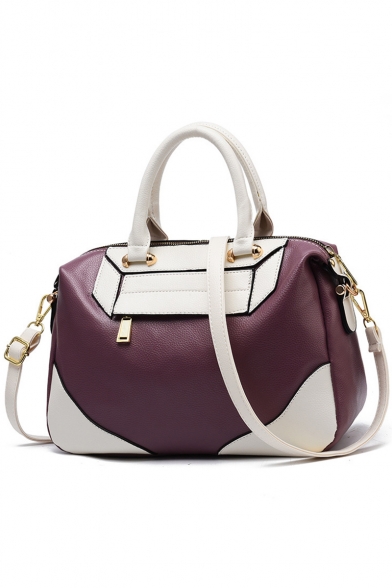 New Fashion Large Capacity Color Block PU Leather Zipper Satchel Handbag