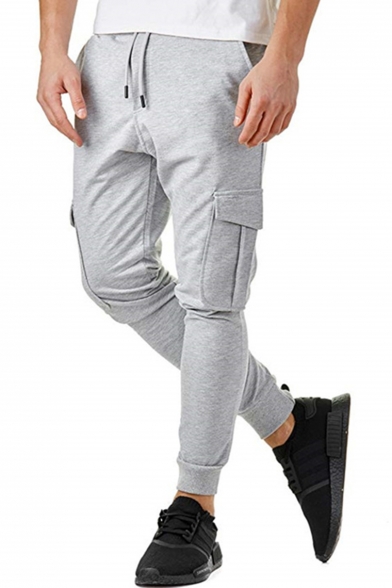 New Fashion Solid Color Drawstring Waist Casual Sports Joggers Sweatpants with Side Flap Pocket