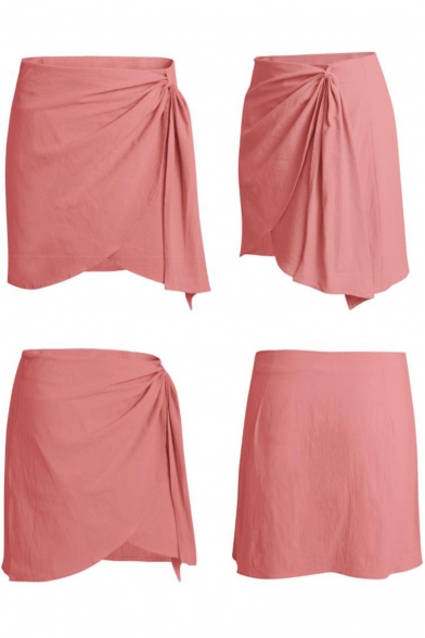 New Stylish Simple Solid Color Mini Linen Wrap Skirt