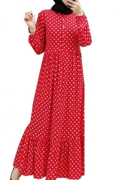 New Stylish Womens Long Sleeve Polka Dot Printed Button Front Pleated Hem Maxi A-Line Dress