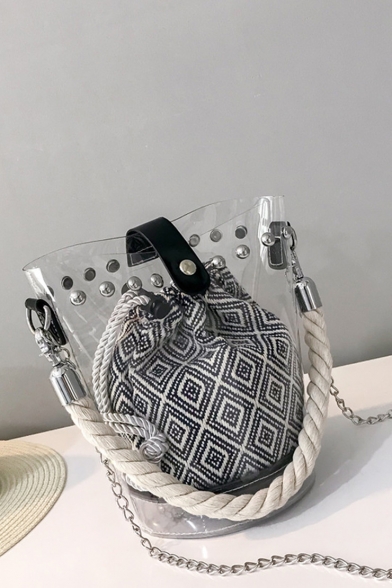 New Trendy Transparent Wavy Stripe Pattern Rivet Embellishment Summer Bucket Bag 14*14*19.5 CM