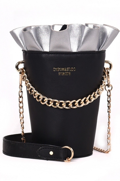 Personalized Fashion Colorblock Ruffled Embellishment Crossbody Bucket Bag With Chain Strap 16*20*9 CM