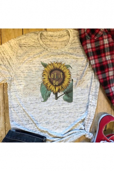 Popular Letter LET IT BE Sunflower Print Round Neck Short Sleeve Casual Tee