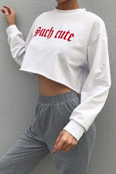 Popular Simple Letter SUCH CUTE Print Long Sleeve White Cropped Sweatshirt
