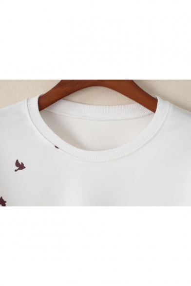 Simple Floral Bird Printed Round Neck Long Sleeve White Crop Sweatshirt