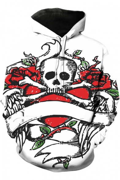 Stylish Floral Skull 3D Printing Long Sleeve Pullover Casual White Hoodie