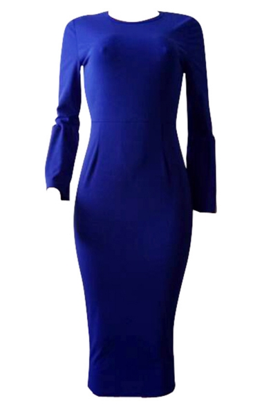 Stylish Womens Elegant Round Neck Sexy Blue Long Bell Sleeve Fitted Midi Dress