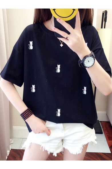 Summer Allover Cat Embroidery Round Neck Loose Casual T-Shirt