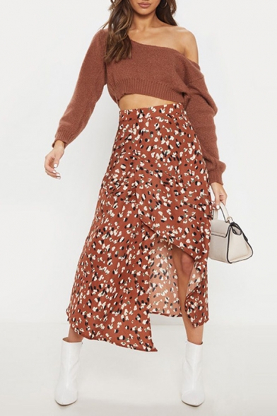 Summer Fancy Floral Printed Splited Front Midi Chiffon Skirt
