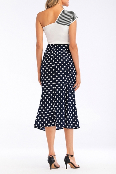 Summer Fancy Polka Dot Printed Fitted Fishtail Midi Skirt