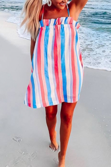 Summer Fancy Rainbow Striped Print Ruffled Hem Sleeveless Mini Beach Strap Dress