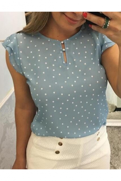 Summer Fashion Simple Polka Dot Printed Ruffle Sleeve Casual T-Shirt