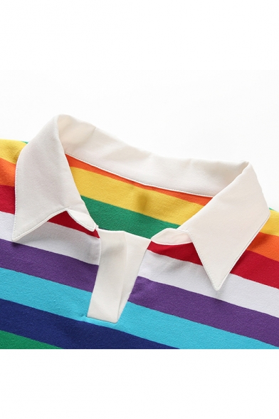 Summer Girls Rainbow Striped Printed Short Sleeve Turn-Down Collar Crop Polo Shirt