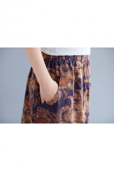 Summer Girls Vintage Floral Printed Elastic Waist Button Front Midi Casual Linen Skirt