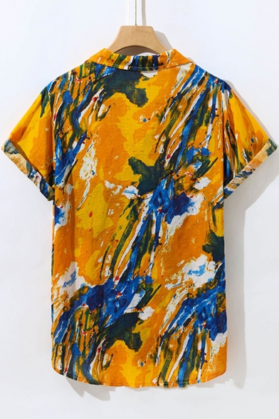 Summer Guys Trendy Yellow Pattern Short Sleeve Casual Loose Cotton Hawaiian Shirt