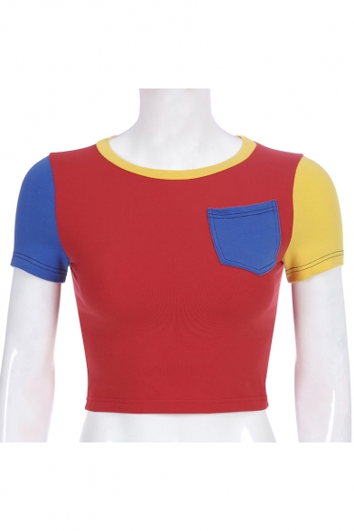 Summer Hot Fashion Color Block One Pocket Patched Round Neck Short Sleeve Slim Fit Red Cropped Tee