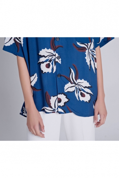 Summer Hot Fashion Fancy Blue Floral Print Button Down Short Sleeve Oversize Casual Loose Shirts