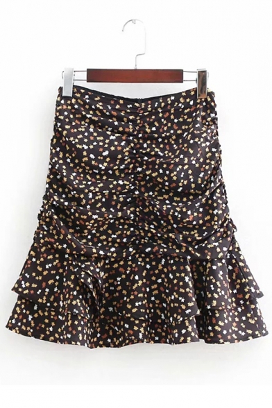 Summer Hot Fashion High Waist Floral Print Ruffle Hem Mini Fitted A-Line Skirt