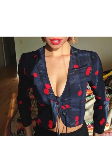Summer Hot Fashion Plunge V Neck Cherry Print Knotted Front Long Sleeve Sexy Fitted Crop Blouse