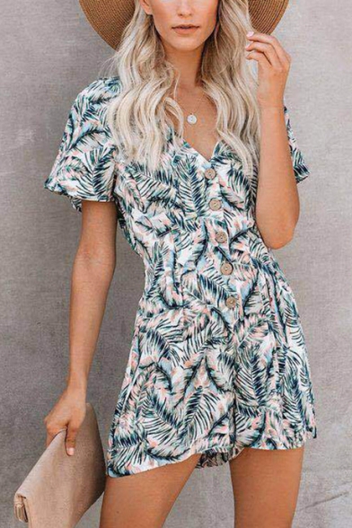 Summer Hot Popular Floral Print Button Down Short Sleeves Casual Holiday Romper