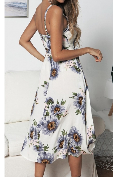 Summer Hot Popular Sunflower Pattern Bow-Tied Waist Midi A-Line Strap Dress