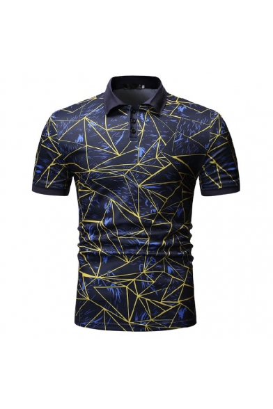 Summer Mens Fashion Geometric Pattern Short Sleeve Slim Fit Polo Shirt