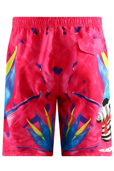 Summer New Cartoon Printed Pink Drawstring Waist Sport Beach Shorts Swim Trunks for Men with Pocket and Mesh Liner