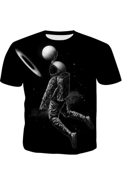 Summer New Stylish Black Astronaut Printed Round Neck Short Sleeve T-Shirt