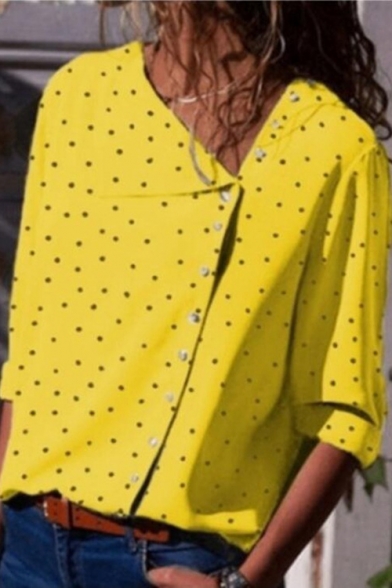 Summer New Stylish Polka Dot Print Irregular Button Down Long Sleeve Shirt Blouse