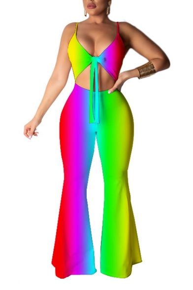 Summer New Trendy Straps Sleeveless Tie Dye Bow-Front Flare Leg Cutout Stretch Jumpsuits