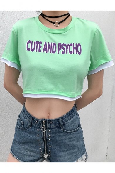 Summer Popular Mint Letter CUTE AND PSYCHO Print Layered Fake Two-Piece Short Sleeve Crop Tee