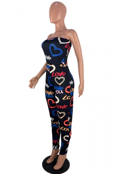 Summer Sexy Cool Street Style Fashion Black Love You Letter Print Strapless Sleeveless Slim Fit Jumpsuits