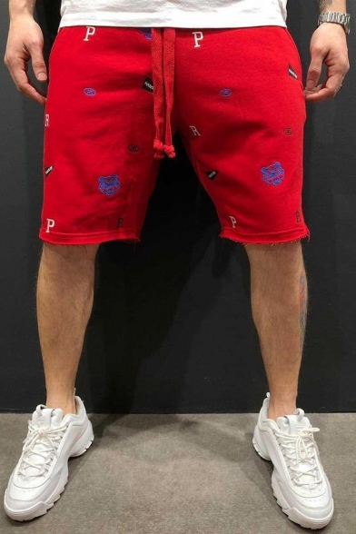 Summer Stylish All Over Embroidery Pattern Drawstring Waist Cutoff Style Casual Cotton Sweat Shorts for Men
