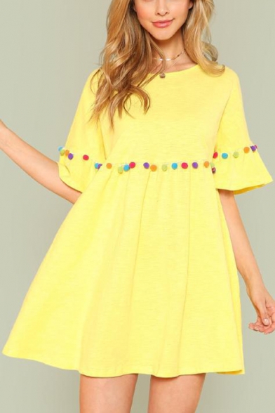 Summer Womens Fashion Pompom Embellished Round Neck Flared Sleeve Yellow Mini Smock Dress