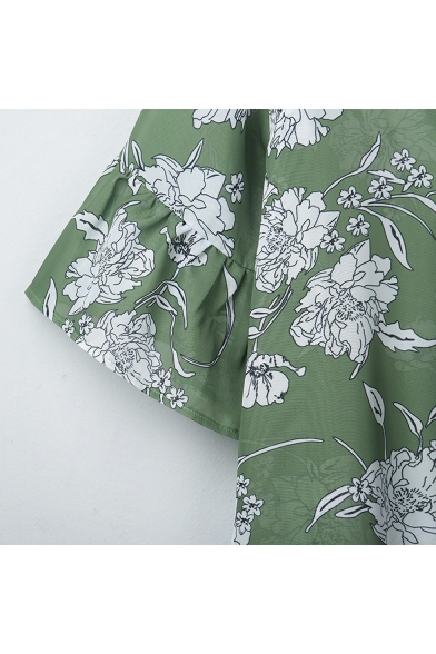 Summer Womens Holiday Green Floral Print Bell Sleeve Chiffon Beach Blouse
