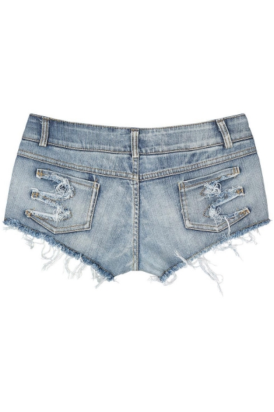 Summer Womens Sexy Low Rise Hollow Out Distressed Frayed Hem Light Blue Night Club Hot Pants Denim Shorts