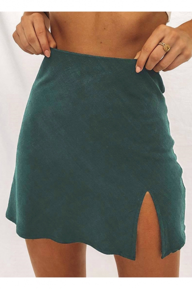 Summer Womens Sexy Split Side High Rise Simple Plain Mini A-Line Skirt