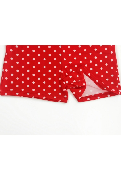 Sunshine Girls Sweet Stylish Plunge V Neck Red Polka Dot Print Sleeveless Tie-Waist Fitted Romper
