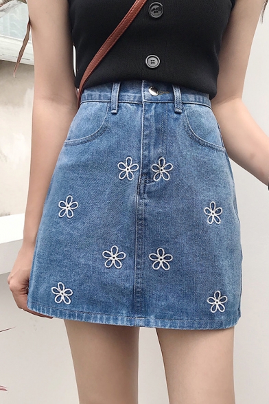 Sweet Girls Summer Blue Unique Floral Embroidery Pocket Mini A-line Denim Skirt