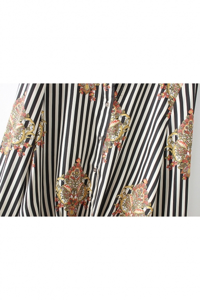 Trendy Floral Striped Printed Long Sleeve Tied Hem Casual Button Down Black Shirt