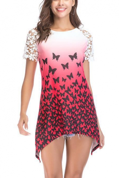 Trendy Lace Short Sleeve Round Neck Butterfly Printed Longline Asymmetrical T-Shirt