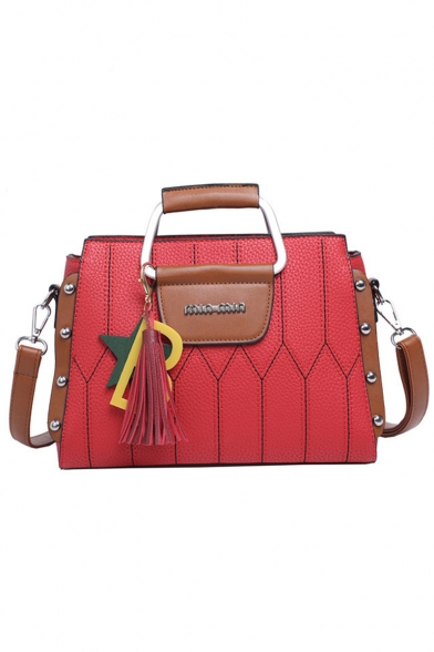 Trendy Solid Color Soft Leather Tassel Rivet Embellishment Top Handle Satchel Shoulder Handbag 27*20*11 CM