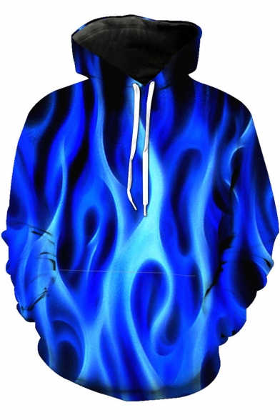 Unique Cool 3D Blue Fire Printed Long Sleeve Sport Loose Hoodie