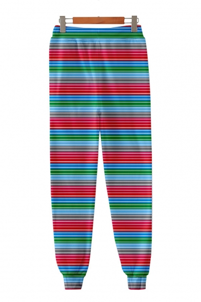 Unisex Popular Fashion Colorblock Stripe Printed Drawstring Waist Blue and Red Casual Cotton Jogging Sweatpants