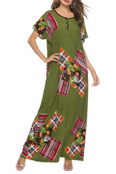 Vintage Ethnic Style Patched Round Neck Short Sleeve Green Maxi Beach Dress