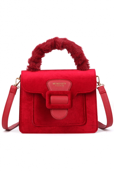 Women's Fashion Solid Color Plush Handle Belt Buckle Velvet Crossbody Satchel Handbag 21.5*15.5*8.5 CM