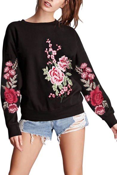 Womens Chic Floral Embroidery Crew Neck Long Sleeve Pullover Casual Sweatshirt